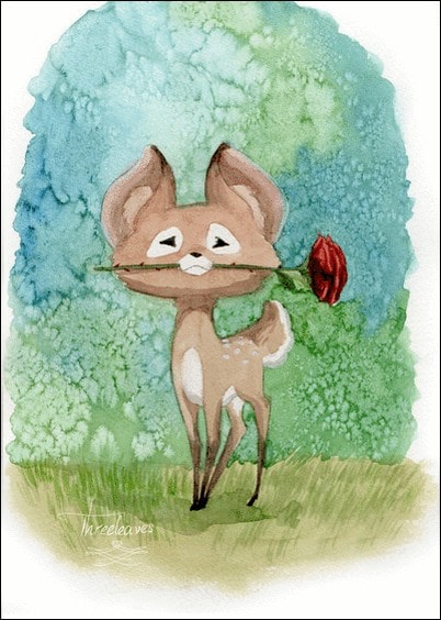 Cartes postales Amour et Animaux : Petit faon et jolie rose