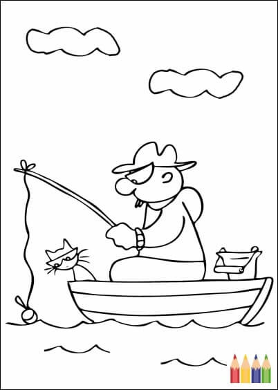 Cartes postales Coloriages Animaux pour enfants : Pêcheur et son chat - à colorier