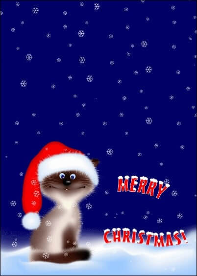 Cartes postales de Noël : Petit chat avec un bonnet de Noël - Merry christmas