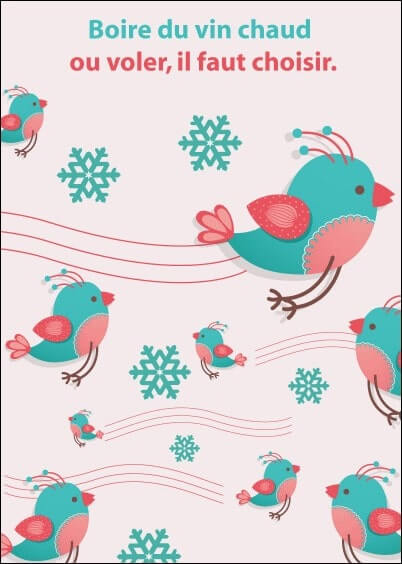 Cartes postales de Noël : Oiseaux - Boire du vin chaud ou voler, il faut choisir