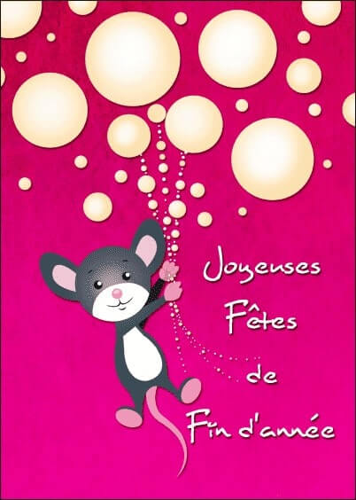 Cartes postales de Voeux de fin d'année : Souris qui s'envole avec des bulles