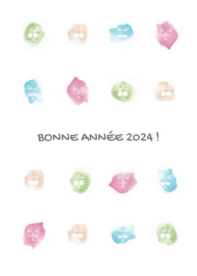 Cartes postales de Voeux de fin d'année : Mimiques de chat en aquarelle 2024