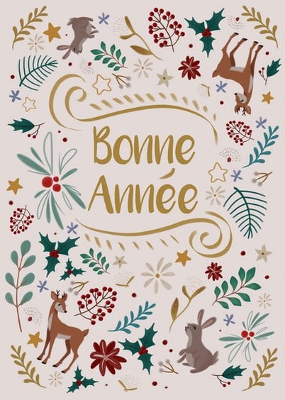 Cartes postales de Voeux de fin d'année : Fleurs de houx et animaux - Bonne année sur fond crème