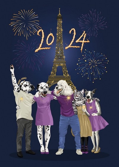 Cartes postales de Voeux de fin d'année : Chiens dalmatien et chat - Bonne année 2024