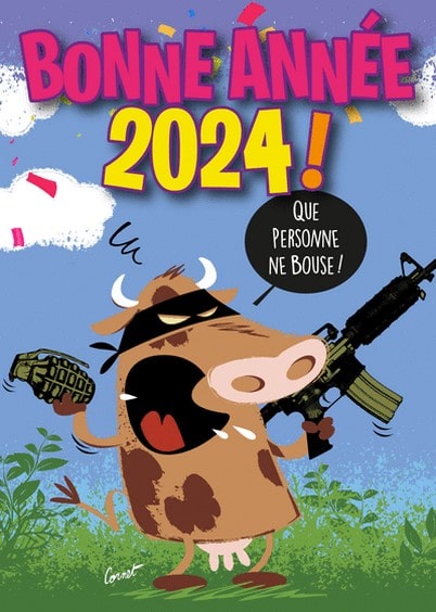 Cartes postales de Voeux de fin d'année : Bonne année 2024 de la vache - Que personne ne bouse !