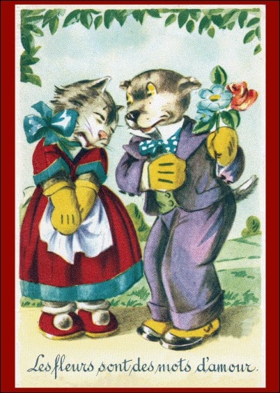 Cartes postales Amour et Animaux : Carte ancienne Chien et chat - Les fleurs sont des mots d'amour