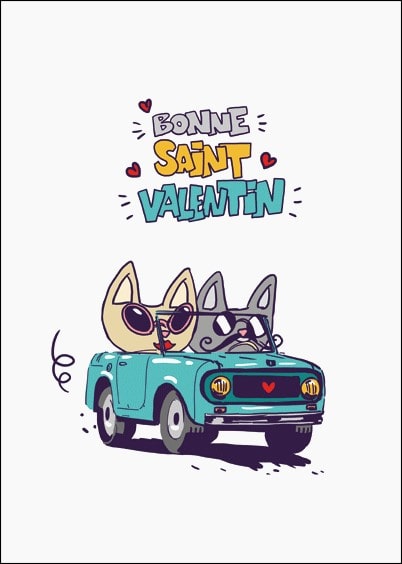 Cartes postales Amour et Animaux pour la St Valentin : Couple de chats en voiture pour la St Valentin