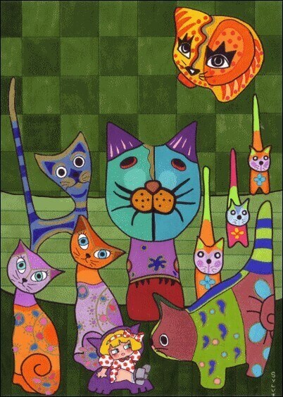 Cartes postales Animaux : Dessin de chats colorés