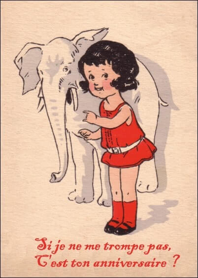 Cartes postales Anniversaire et Animaux : Carte ancienne - Eléphant et petite fille