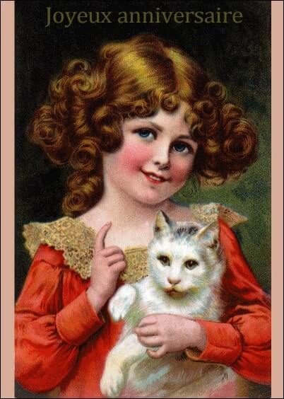 Cartes postales Anniversaire et Animaux : Carte ancienne - Fillette et son chat