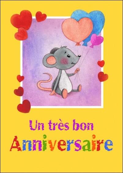 Cartes postales Anniversaire et Animaux pour les enfants : Petite souris et ballons