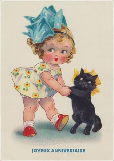 Cartes postales Anniversaire et Animaux : Carte ancienne - Petite fille et son chat