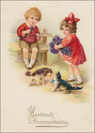 Cartes postales Anniversaire et Animaux : Carte ancienne - Les enfants et leurs animaux