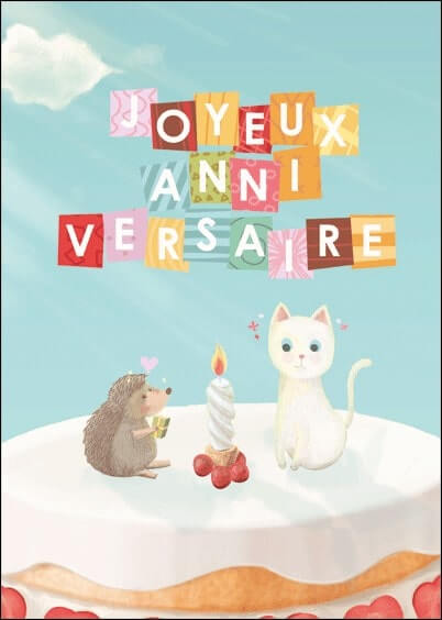 Cartes postales Anniversaire et Animaux : Chaton et hérisson