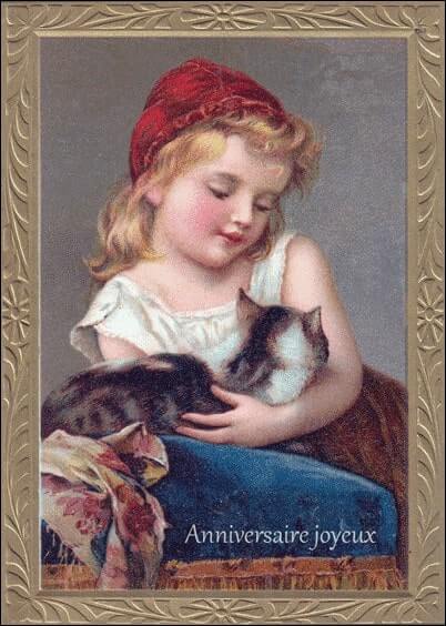 Cartes postales Anniversaire et Animaux : Carte ancienne - Petite fille et son chat