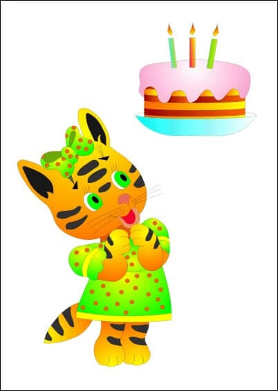 Cartes postales Anniversaire et Animaux pour les enfants : Tigre et gâteau d'anniversaire