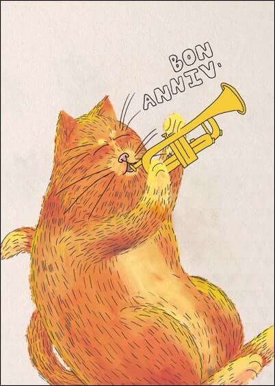 Cartes postales Anniversaire et Animaux : Chat trompettiste