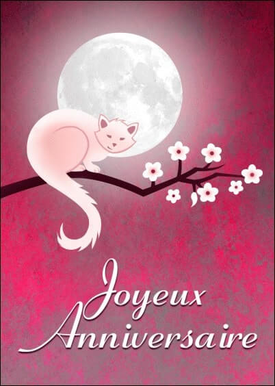 Cartes postales Anniversaire et Animaux : Chat blanc et lune