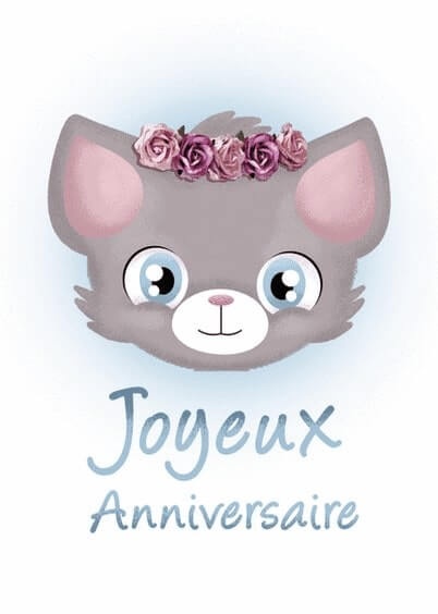 Cartes postales Anniversaire et Animaux pour les enfants : Chat avec une couronne de fleurs