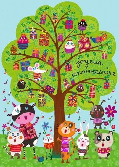 Cartes postales Anniversaire et Animaux pour les enfants : L'arbre aux cadeaux
