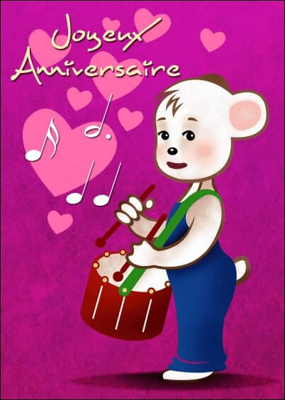 Cartes postales Anniversaire et Animaux pour les enfants : Ourson et son tambour