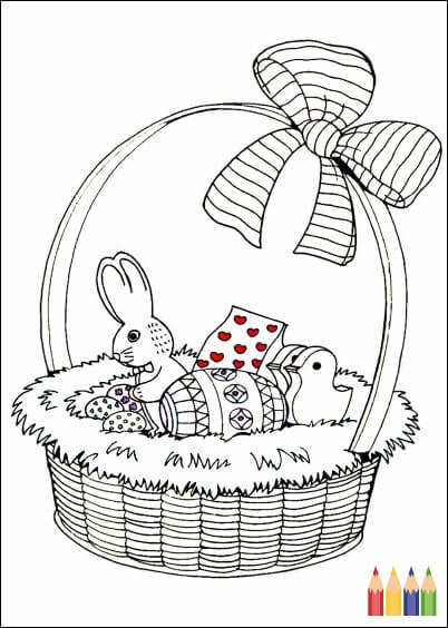Cartes postales Coloriages Animaux pour enfants : Panier et oeufs de Pâques - à colorier