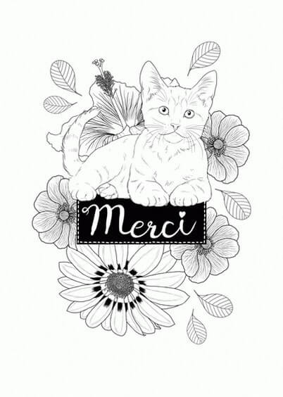 Cartes postales Coloriages Animaux pour enfants : Merci Chaton - à colorier