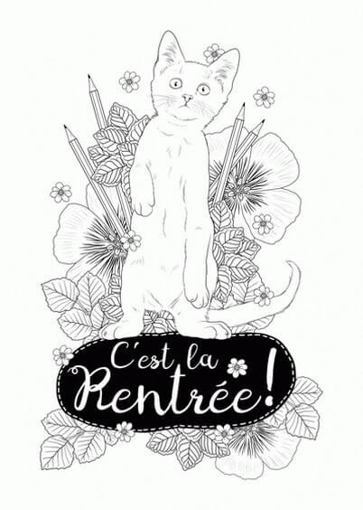 Cartes postales Coloriages Animaux pour enfants : Chat et Fleurs - C'est la rentrée - à colorier