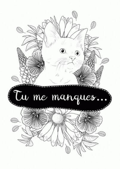 Cartes postales Coloriages Animaux pour enfants : Tu me manques et Chat - à colorier