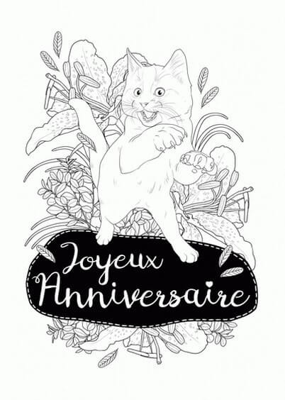 Cartes postales Coloriages Animaux pour enfants : Joyeux anniversaire Chat - à colorier