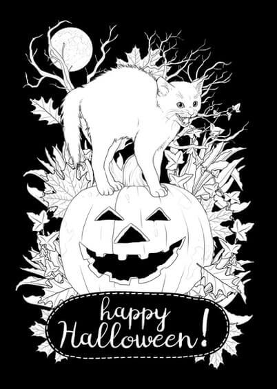 Cartes postales Coloriages Animaux pour enfants : Chaton sur une citrouille d'Halloween - à colorier