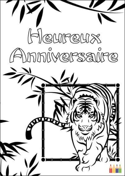 Cartes postales Coloriages Animaux pour enfants : Anniversaire Tigre - à colorier