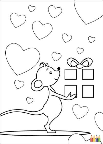 Cartes postales Coloriages Animaux pour enfants : Petite souris et cadeau - à colorier