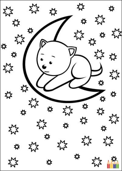 Cartes postales Coloriages Animaux pour enfants : Chaton sur la lune - à colorier