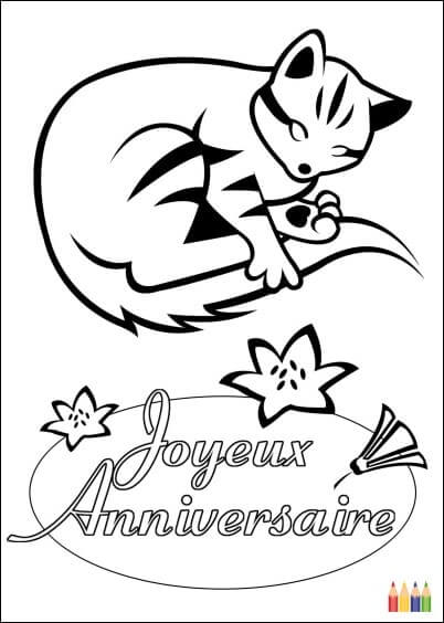 Cartes postales Coloriages Animaux pour enfants : Anniversaire Chat - à colorier