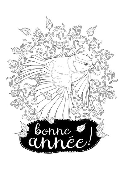 Cartes postales Coloriages Animaux pour enfants : Bonne année - Petit oiseau à colorier