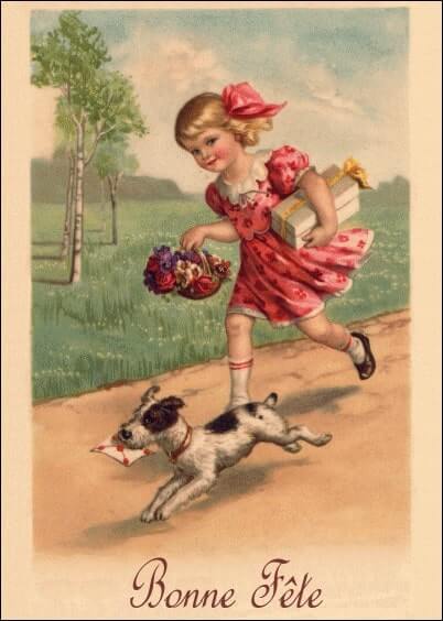 Cartes postales Bonne fête : Carte ancienne - Petite fille et son chien