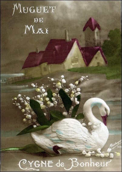 Cartes postales du 1er mai : Carte ancienne - Muguet de mai Cygne de bonheur
