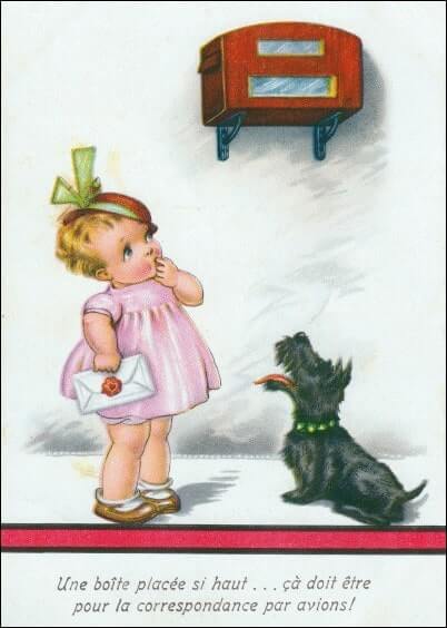 Cartes postales Humour : Carte ancienne Petite fille et son chien - Une boîte placée si haut