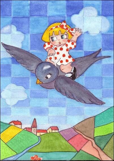 Cartes postales Déménagement : Petite fille sur un oiseau