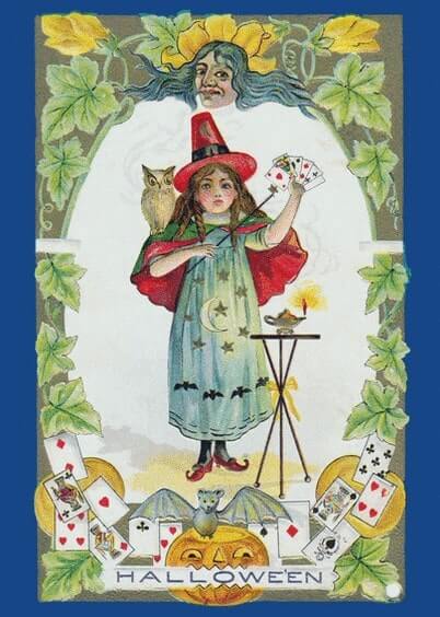 Cartes postales d'Halloween : Petite magicienne - chauve-souris et hibou