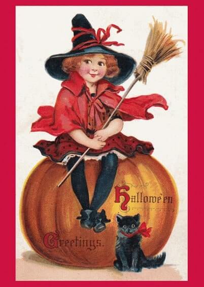 Cartes postales d'Halloween : Petite sorcière rouge
