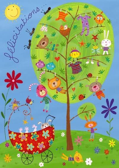 Cartes postales Naissance : Félicitations avec l'arbre à doudous