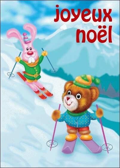 Cartes postales de Noël : Ours et lapin qui font du ski - Joyeux Noël