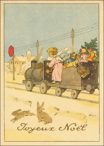 Cartes postales de Noël : Carte ancienne Train et petits lapins - Joyeux Noël