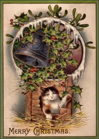 Cartes postales de Noël : Carte ancienne Chat sous le houx - Merry christmas