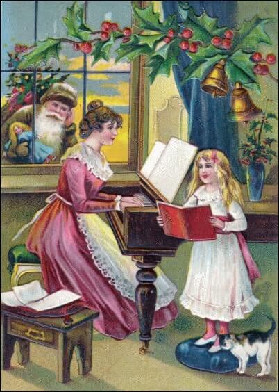 Cartes postales de Noël : Carte ancienne Chants de Noël - Petite fille et son chat