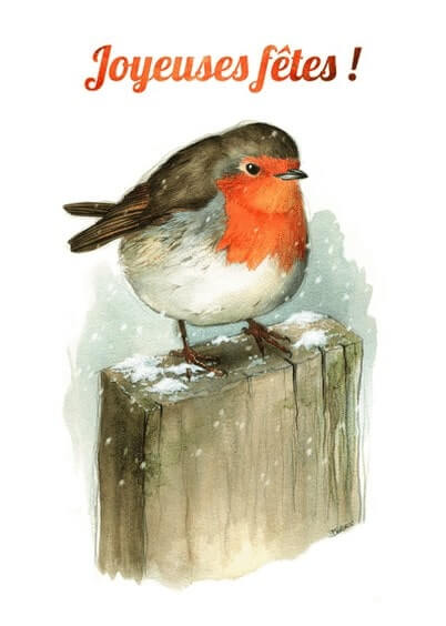 Cartes postales de Noël : Joyeuses fêtes et petit oiseau Rouge-gorge