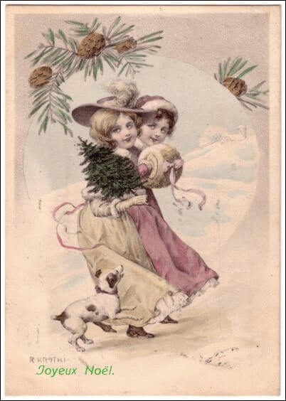Cartes postales de Noël : Carte ancienne - Joyeux Noël Petites filles et chien