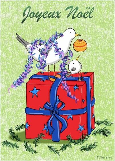 Cartes postales de Noël : Oiseau de Noël enguirlandé
